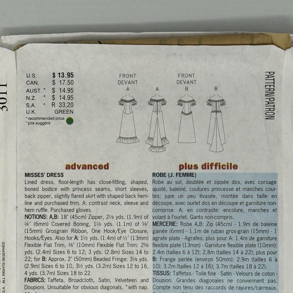 Butterick 3011 Sewing Pattern Edwardian Gown Dress Train Size 18 20 22 History - Picture 6 of 12